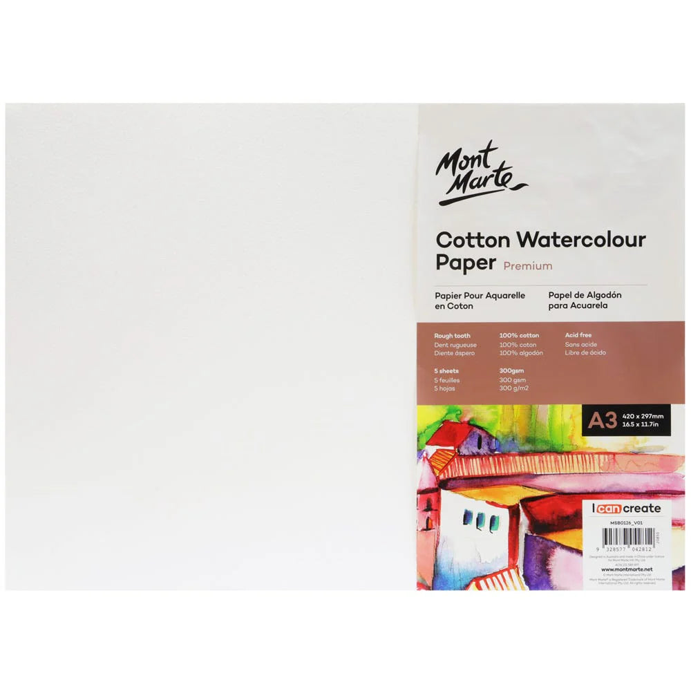 Mont Marte Cotton Watercolour Paper 300gsm A3 5 Sheets