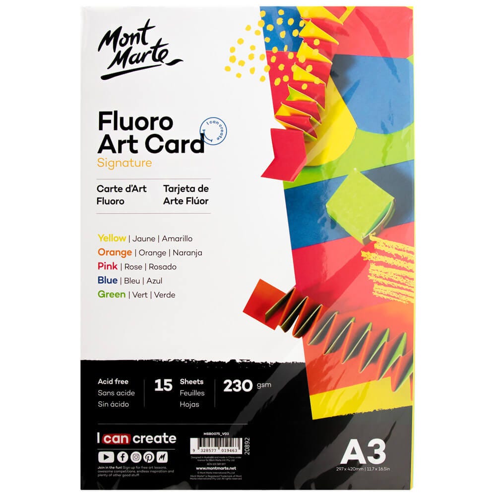 مجموعة بطاقات MM Fluro Art، 5 ألوان، 230 جرامًا للمتر المربع، 15 قطعة A3