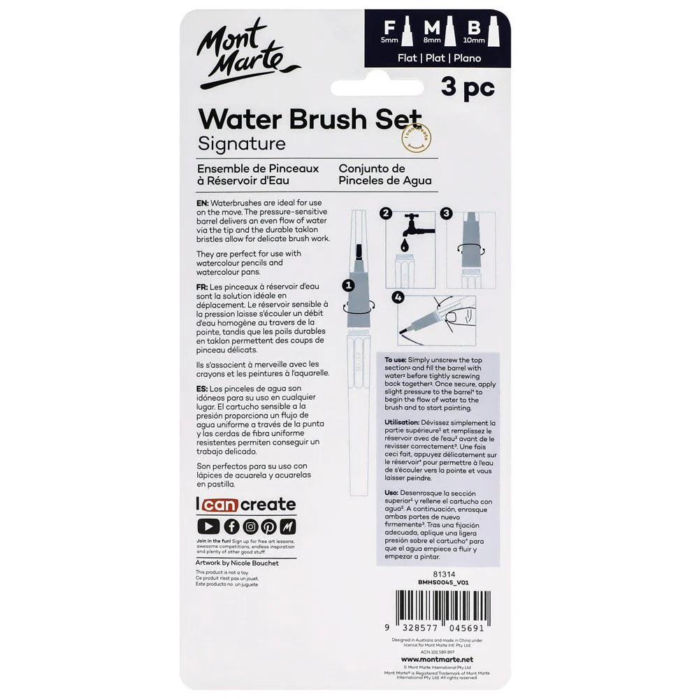 Mont Marte Water Brush Set Flat F/M/B 3pc